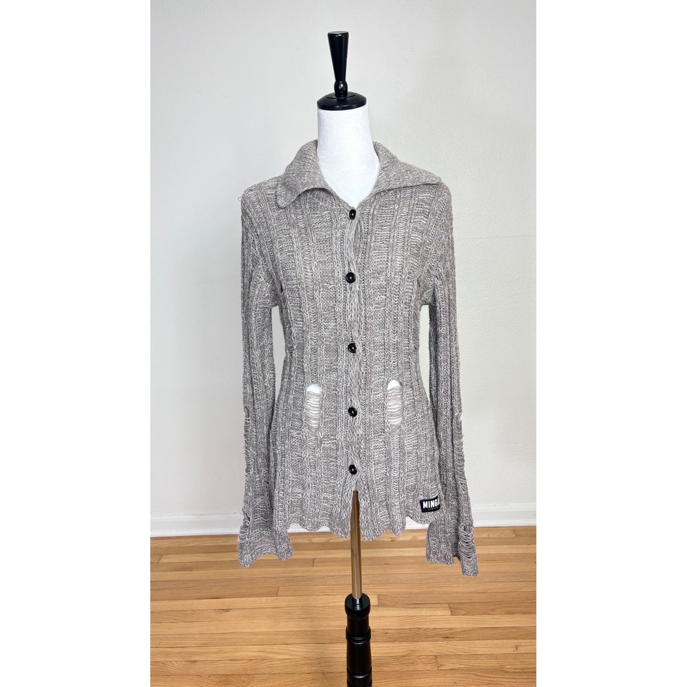 Minga London Beige Distressed Chunky Knit Cardigan Sweater Small Grunge Thrashed